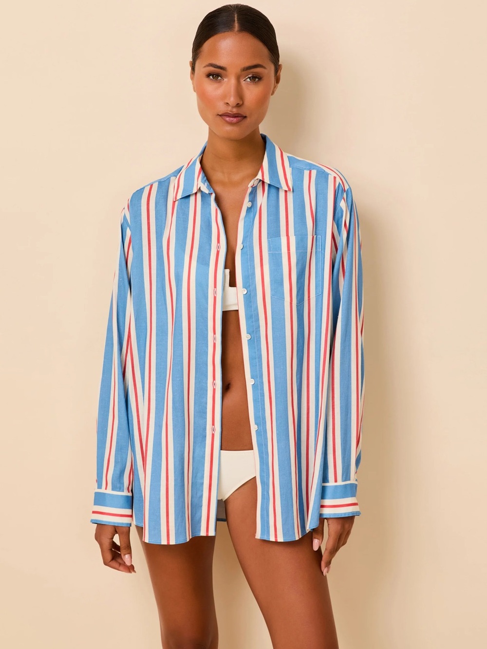 SOLID & STRIPED Blue, White & Red Vertical Stripe Button-Down Shirt - Size Small